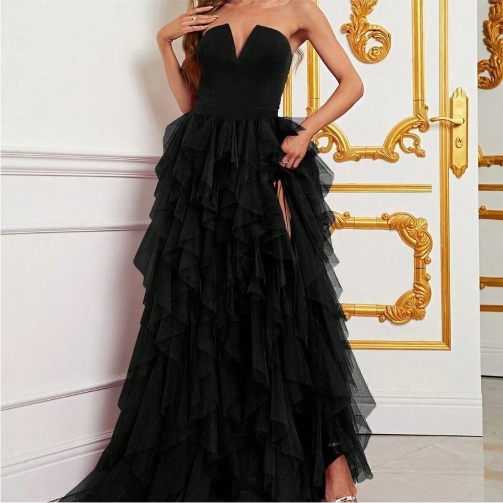 Black Preppy Womens Split Thigh Mesh Overlay Tube Dress